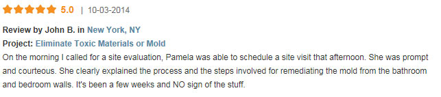 Review 10-03-14 On the morning I called for a site evaluation, Pamela was able to schedule a site visit that afternoon. She was prompt and courteous. She clearly explained the process and the steps involved for remediating the mold from the bathroom and bedroom walls. It's been a few weeks and NO sign of the stuff.